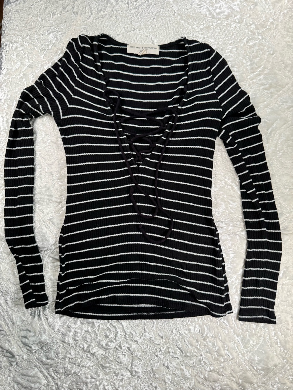 Project Social T Black & White Striped Lace-Up Ribbed Long Sleeve Top